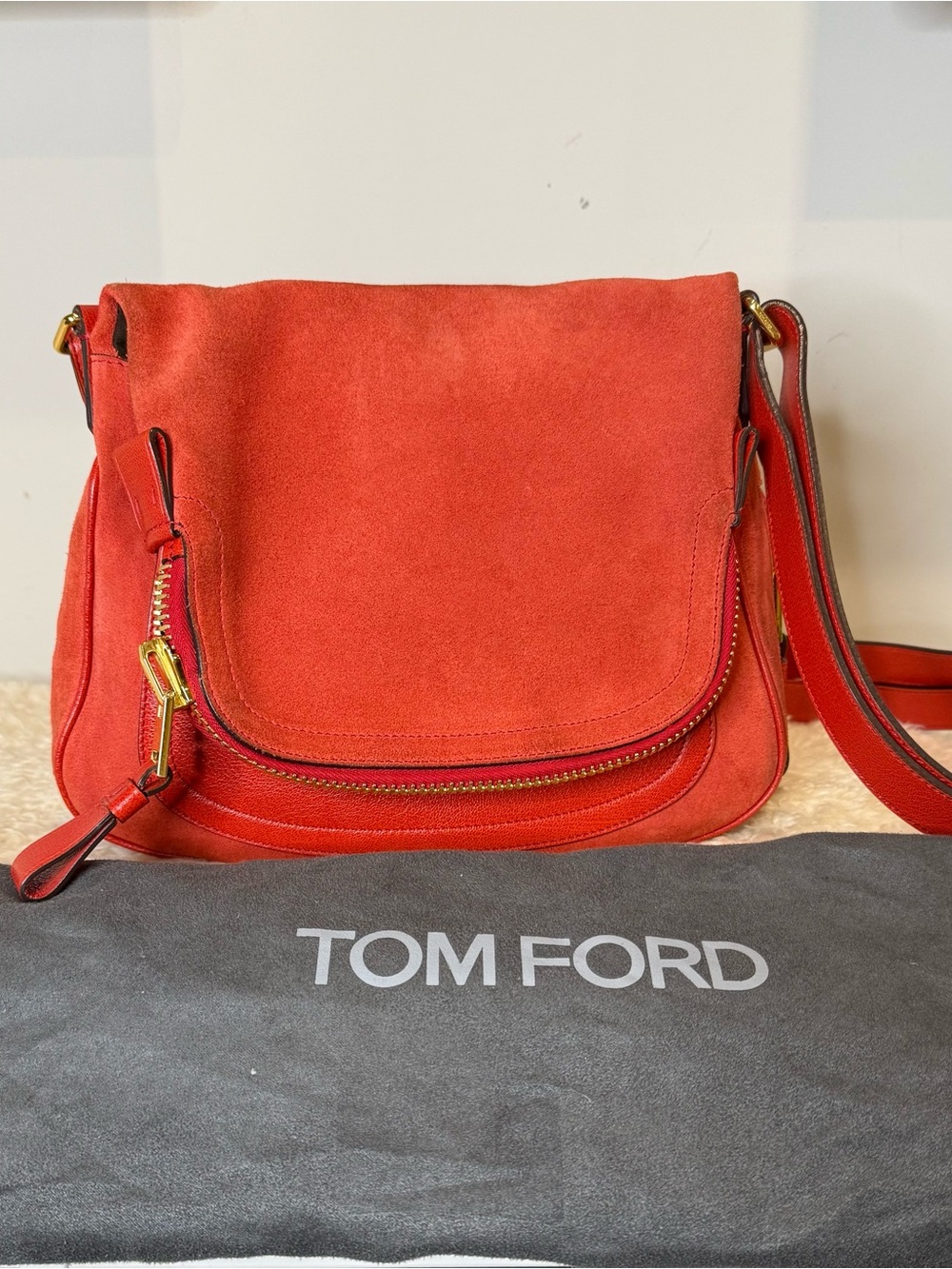 Tom Ford Orange-Red Suede Crossbody Bag with Gold Hardware